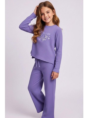 Breeze Kız Çocuk Pantolonlu Takım Yazı Nakışlı Fiyonk Detaylı 4-8 Yaş, Lila