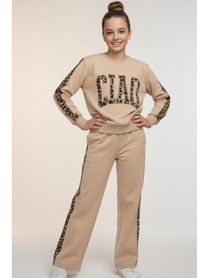 Breeze Kız Çocuk Eşofman Takımı Yazı Nakışlı Kenarları Leopar Desenli 8-14 Yaş, Bej