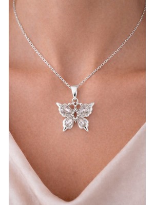 Shemora Taşlı Kelebek Motifli Çelik Kolye Ucu