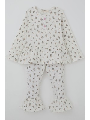 Breeze Kız Çocuk Taytlı Takım Çiçek Desenli Paça Kısmı Fırfır Detaylı 3-7 Yaş, Beyaz