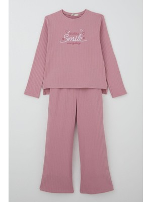 Breeze Kız Çocuk Pantolonlu Takım Yazı & Kalp Nakışlı Pantolonu Fiyonk Aksesuarlı 4-8 Yaş, Gülkurusu