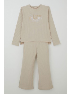 Breeze Kız Çocuk Pantolonlu Takım Yazı Nakışlı Fiyonk Detaylı 4-8 Yaş, Taş