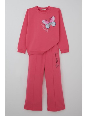Breeze Kız Çocuk Eşofman Takımı Kelebek Baskılı Pantolonu Çima Dikişli 4-8 Yaş, Pembe