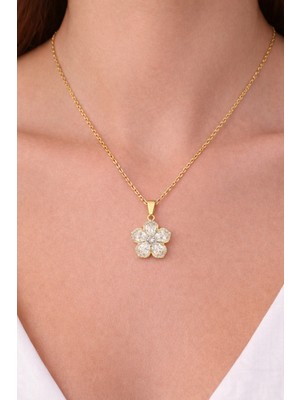 Shemora Taş Işlemeli Çiçek Motifli Çelik Kolye