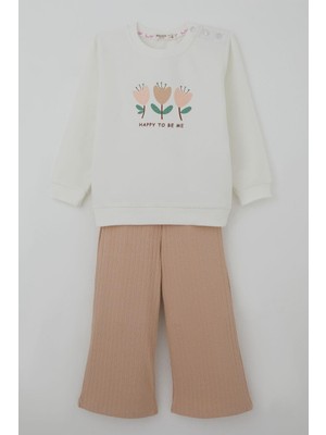 Breeze Kız Çocuk Eşofman Takımı Özgüven Temalı Pırıltılı Laleler Baskılı 1.5-5 Yaş, Ekru