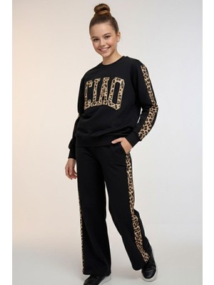 Breeze Kız Çocuk Eşofman Takımı Yazı Nakışlı Kenarları Leopar Desenli 8-14 Yaş, Siyah