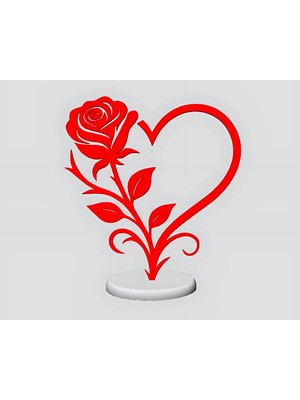 Pluto 3D Kalp ve Gül Figürlü Dekoratif Masaüstü Stand - Kırmızı & Beyaz