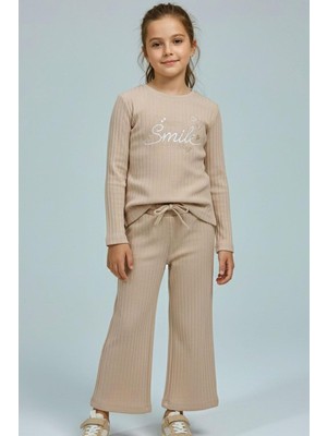 Breeze Kız Çocuk Pantolonlu Takım Yazı & Kalp Nakışlı Pantolonu Fiyonk Aksesuarlı 4-8 Yaş, Bej