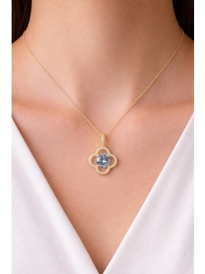 Shemora Tek Taş Yonca Detaylı Çelik Kolye