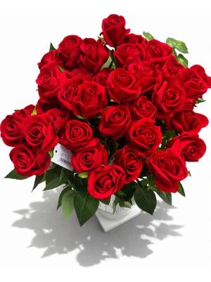 Madame Nazar 10 Adet Üstün Gerçekçi Gül Yapay Çiçek– 10 Dal- 45 cm Kırmızı Vazo ve Salon Dekoru