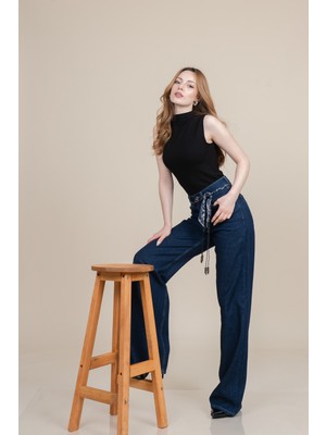 MissVina Kuşak Detaylı Yüksek Bel Palazzo Kot - Jean Pantolon