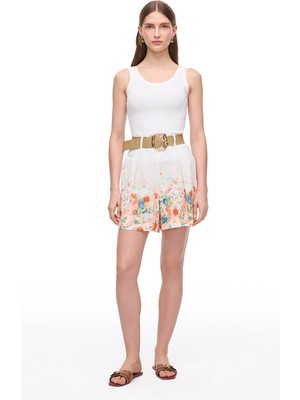 Perspective Çok Renkli Çiçek Desenli Yüksek Bel Keten Şort
