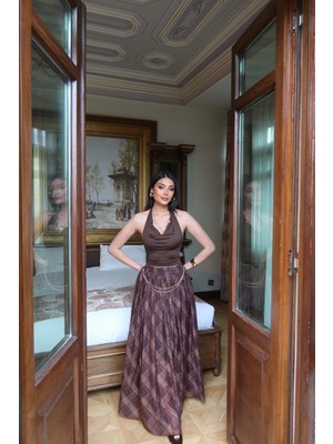 Kechi Woman Modal Kumaş Ekose Desenli Astarlı Etek, Orta Bel, Midi Boy, A Kesim