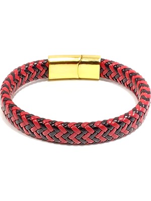 Herşey Nota Kırmızı Siyah Hakiki Deri Örgü Erkek Bileklik – Altın Renk Mıknatıslı TOKALI-160