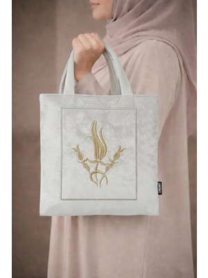 Lugmo Nakışlı Kadife Kuran Çantası Kuran Çantası Çeyizlik Seccade Çantası Gümüş Krem