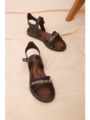 Tonny Black Kız Çocuk Siyah Rahat Kalıp Örgülü Düz Sandalet