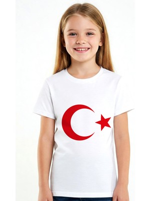 Lovexi Türk Bayrağı Ay Yıldız Baskılı Beyaz Kısakol Tişört(23 Nisan  19 Mayıs)