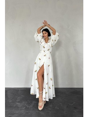 Etiler Collection Kahverengi Yakası Çiçek Motifli Kemerli Elbise