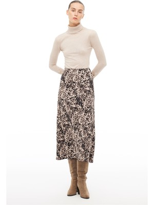 Perspective Kahverengi Yüksek Bel Leopar Midi Etek