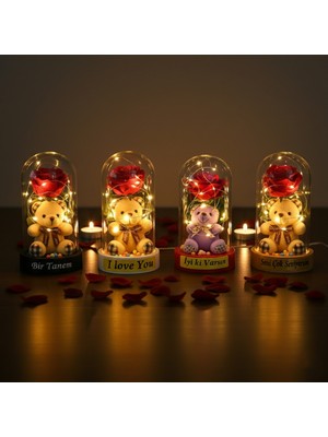 Hediye Bahçesi Ayıcıklı Ledli Gül Fanus