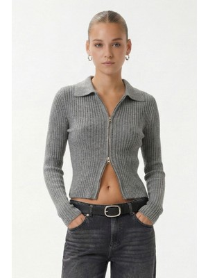 Ritnice Kadın Sara Basic Yumuşak Dokulu Çift Taraf Fermuarlı Gri Triko Hırka