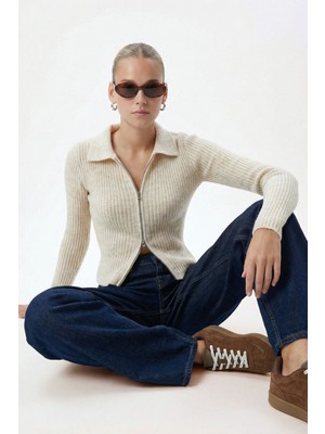 Ritnice Kadın Sara Basic Yumuşak Dokulu Çift Taraf Fermuarlı Krem Triko Hırka