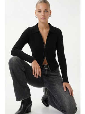 Ritnice Kadın Sara Basic Yumuşak Dokulu Çift Taraf Fermuarlı Siyah Triko Hırka