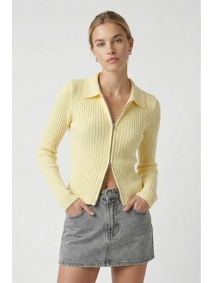 Ritnice Kadın Sara Basic Yumuşak Dokulu Çift Taraf Fermuarlı Sarı Triko Hırka