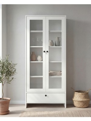 Cam Kapaklı Beyaz Çok Amaçlı Kitaplık Dolap – Çekmeceli Modern Raflı Vitrin