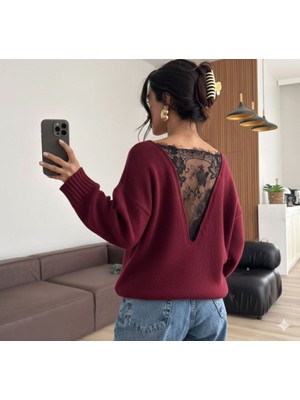 Nova Epoxy Art Kadın Sırtı Dantel Transparan Detay Triko Kazak