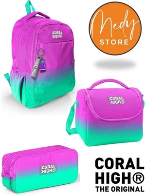Coral High Pembe Su Yeşili Renk Geçişli 3’lü Okul Çanta Seti