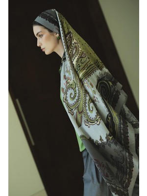 Jolamier Açık Yeşil Bloom Paisley Yün Ipek Şal