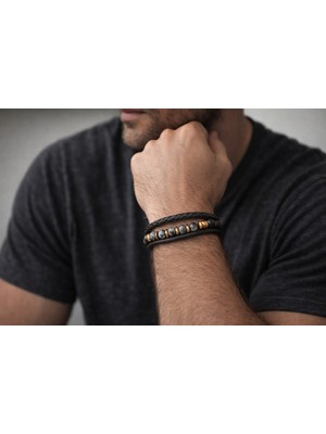 Herşey Nota Siyah Hakiki Deri Çoklu Erkek Bileklik – Gri Boncuk & Altın Detaylı, Mıknatıslı TOKALI-157