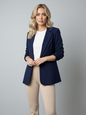 Trendseninle Kadın Lacivert Elastanlı Krep Kumaş Blazer Ceket