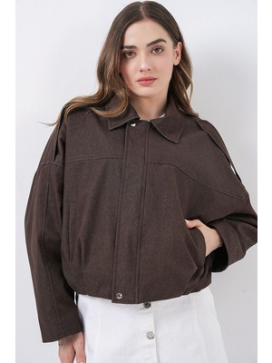 Hiccup Kadın Bdart Fermuarlı ve Cepli Oversize Kısa Ceket Mocha Kahvesi