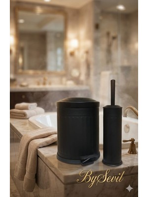 BYSEVİL Vintage 2'li Siyah Banyo Seti Paslanmaz Çöp Kovası ve Wc Fırçası Kolay Temizlenebilir 5 Litre