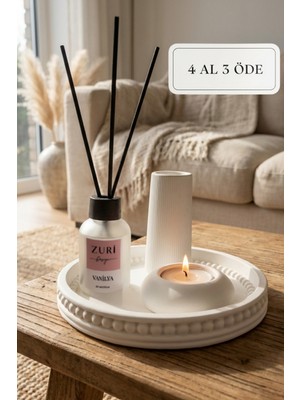Zuri Design Bohem Beton Mumluk ve 50 ml Vanilya Oda Kokusu Seti - Dekoratif Tepsili Set