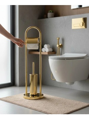 İsaoğlu Yapı Gold Tuvalet Kağıtlık Klozet Fırçası Paslanmaz Pirinç Ayaklı Set Gold Renk Modern Tasarım Banyo Seti