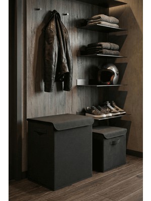 Prendi Home 2'li Büyük Boy Set Büyük Antrasit Kutu ve Kapaklı Antrasit Saklama Kutusu Organizer Seti