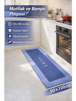 Manosta ( 1 Adet ) Mavi Renk 50X120 cm Banyo, Mutfak Paspası Kaymaz Tabanlı Su Emici - Kolay Temizlenir