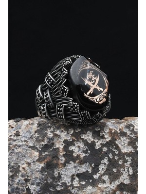 Prestige Zülfikar Hz. Ali'nin Kılıcı Sıkma Kehribar Taşlı 925 Ayar Gümüş Erkek Yüzük 902553