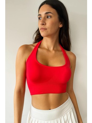 Exalted Kadın Kırmızı Halter Yaka Spor Bra / Crop Top