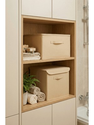 Prendi Home 2'li Avantaj Paketi Kapaklı Kutu ve  Destekli Krem Hurç Saklama Düzenleyici Seti