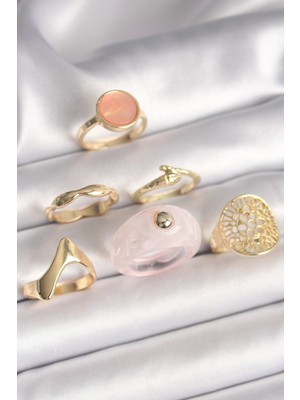 Hkursat Pirinç Gold Renk Pembe Plastik Yüzük Model Daire Pembe Mine Yılan Detay 6'lı Kadın Yüzük Seti