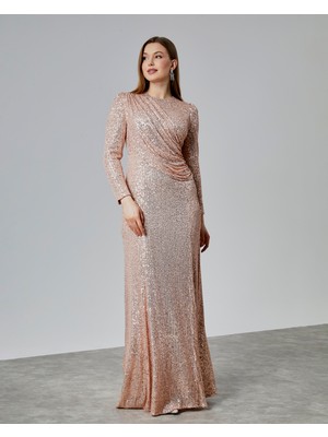 Asees Büzgü Detaylı Payet Tesettür Abiye Elbise