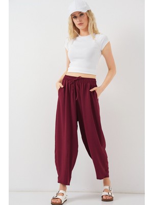 Hiccup Kadın Bdart Bağcıklı Bel Detaylı Dokulu Şalvar Pantolon Bordo Kırmızı