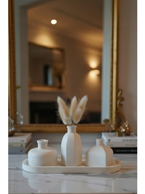 Safir Design Dekoratif Tepsili 3'lü Vazo Seti - Kurutulmuş Pampas Hediyeli Minimalist Tasarım