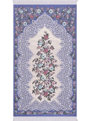 Bursa İpek Mavi Floral Desen Ipeksi Goblen Seccade