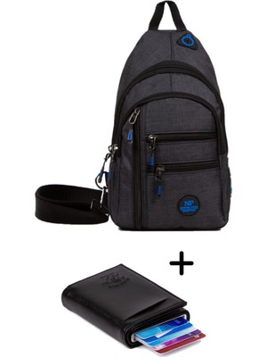 Newish Keten Kumaş USB Kulaklık Çıkışlı Göğüs Omuz  Çantası ve Mekanizmalı Cüzdan Kartlık - Siyah - NEW122