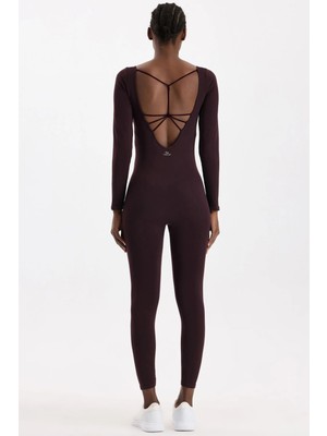 Sırtı Açık Uzun Spor Tulum Burgundy